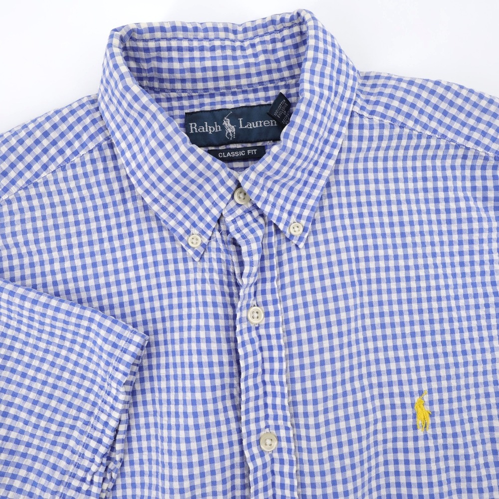 Polo Ralph Lauren Gingham Seersucker Button Down Blue Short Sleeve Mens Large